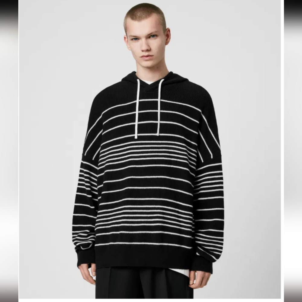 New Black and White Striped ALLSAINTS Reverb hoodie size Large